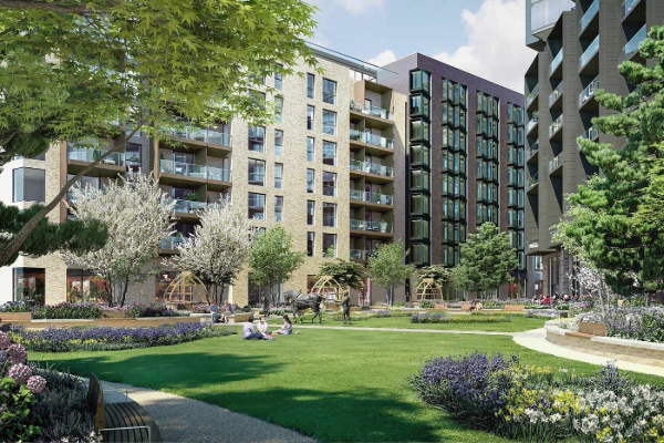 250 City Road residential development with apartment buildings overlooking landscaped communal gardens, pathways and green open space.