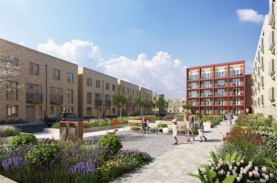 Computer‑generated image of the Ironworks residential development in Cambridge, showing low‑ and mid‑rise apartment buildings arranged around a landscaped public courtyard with paved walkways, planted areas, seating, and people moving through the space.