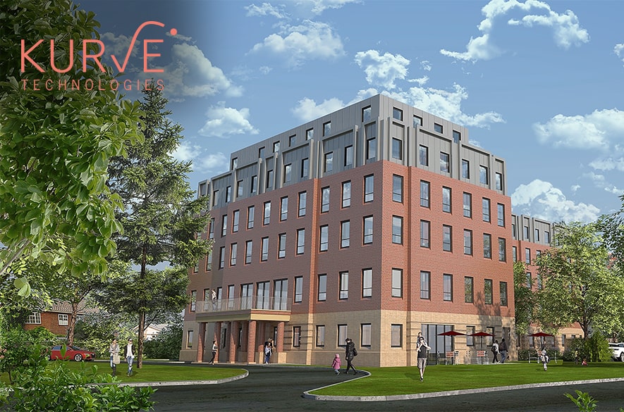 Computer‑generated image of Benwell House, a residential building for Spelthorne Council, showing a mid‑rise brick‑clad apartment block with stepped upper levels, set within landscaped green space with footpaths, trees, and people walking nearby. The KURVE Technologies logo is visible in the top corner of the image.