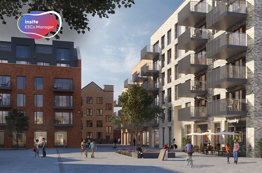 Computer‑generated image of the Stone Studios residential development, showing mid‑rise apartment buildings with balconies arranged around a paved public square with trees, seating, and people walking through the space. Ground‑floor commercial units are visible, including a café with outdoor seating. An “Insite ESCo Manager” logo appears in the top corner of the image.