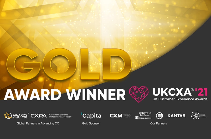 Graphic displaying the text “GOLD Award Winner” alongside the UKCXA® 21 logo and the words “UK Customer Experience Awards.” The design features gold lighting effects on a dark background, with partner and sponsor logos shown along the bottom.