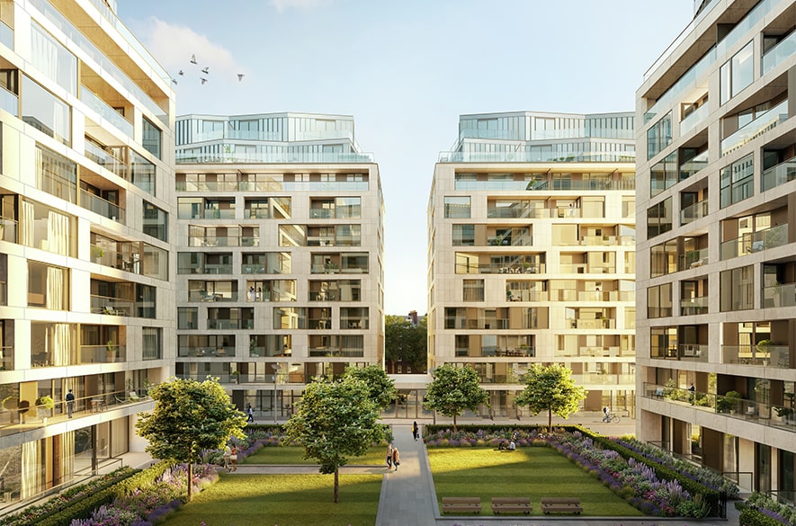 Computer‑generated image of the Kensington Row residential development, showing mid‑rise apartment buildings arranged symmetrically around a landscaped central courtyard with lawns, trees, flower beds, benches, and a paved pathway. Balconies overlook the courtyard from all sides, with a small number of people walking through the space under a clear sky.
