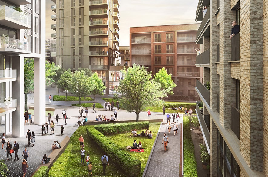 Computer‑generated image of the Silk District residential development, showing apartment buildings arranged around a landscaped communal courtyard with trees, lawns, paved walkways, and seating areas. People are visible walking through and sitting within the open space, with balconies overlooking the courtyard from surrounding buildings.