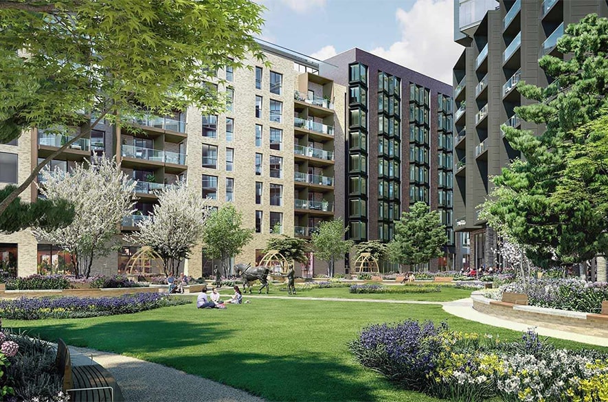 Computer‑generated image of the 250 City Road residential development by Hill, showing mid‑rise apartment buildings arranged around a landscaped public garden with lawns, trees, planted borders, and curved pathways. People are visible sitting and walking within the green space, with balconies overlooking the courtyard from surrounding buildings.