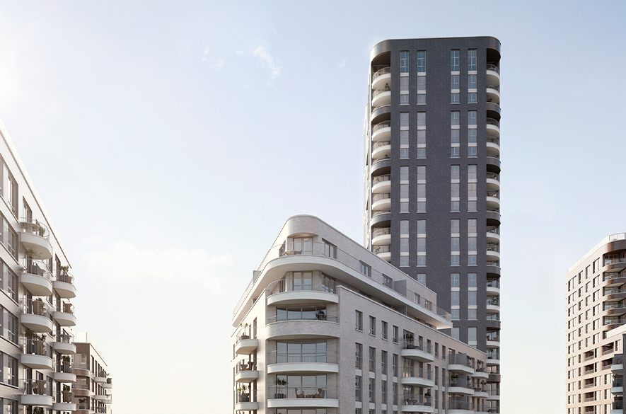 Computer‑generated image of a residential development for NHG Notting Hill Genesis, showing mid‑ to high‑rise apartment buildings with curved balconies and light‑coloured façades. A taller tower block rises behind lower surrounding buildings under a clear sky.