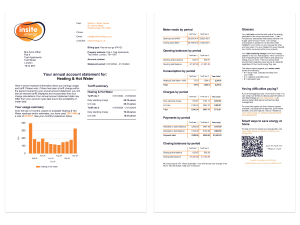 An annual account statement. The left page shows a summary of heating & hot water consumption throughout the year alongside a tariff summary. The second page, provides a glossary as well as tables with the meter reads by period, opening balances by period, consumption by period, charges by period, payments by period, closing balances by period.