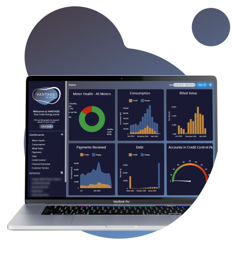 Laptop displaying the VANTAGE client portal dashboard with multiple charts and metrics, shown with annotation markers highlighting different sections of the interface.