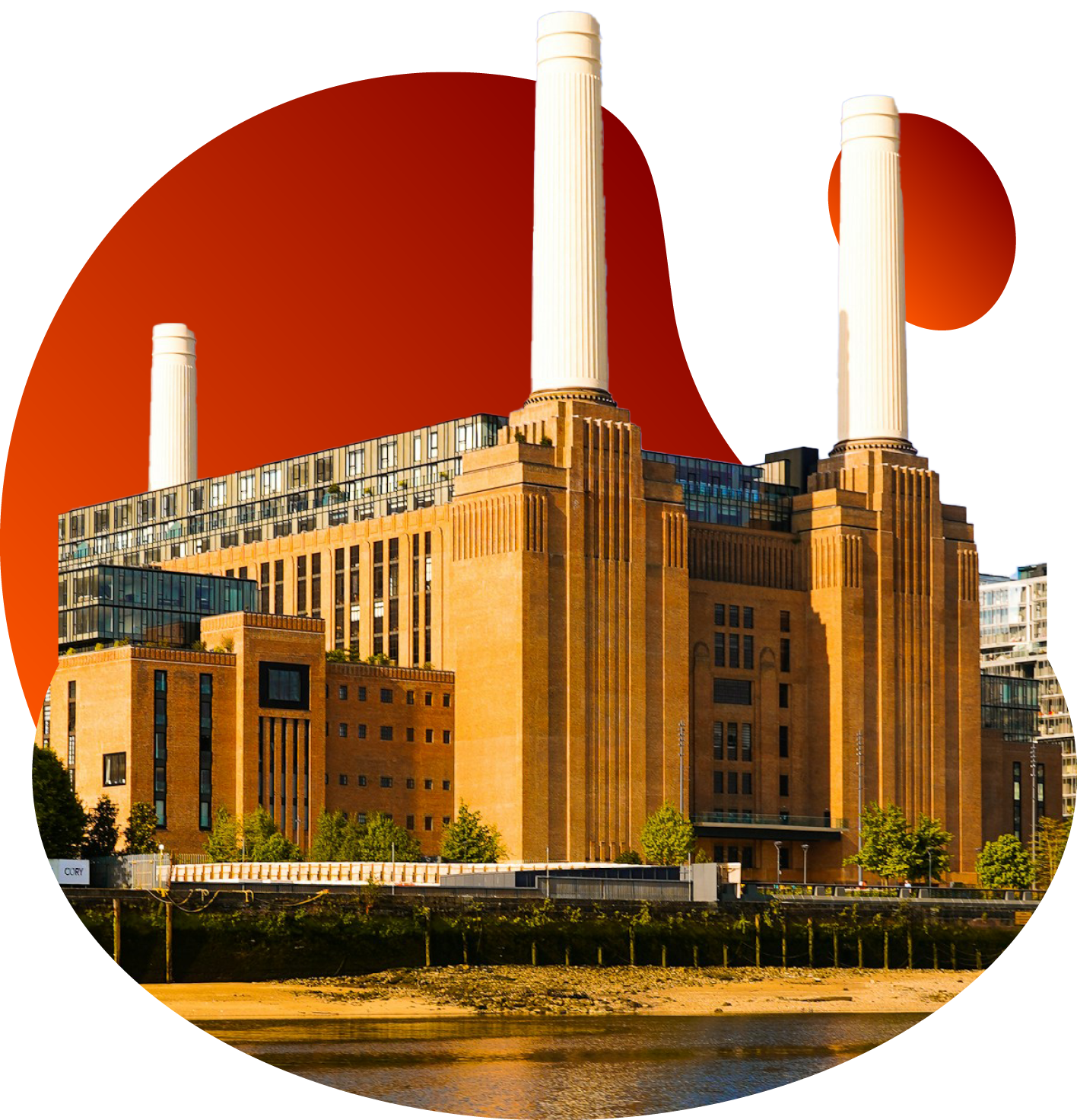 Image of Battersea Power Station viewed from across the River Thames, showing the brick industrial building with four white chimneys, set against an abstract red and orange graphic background.