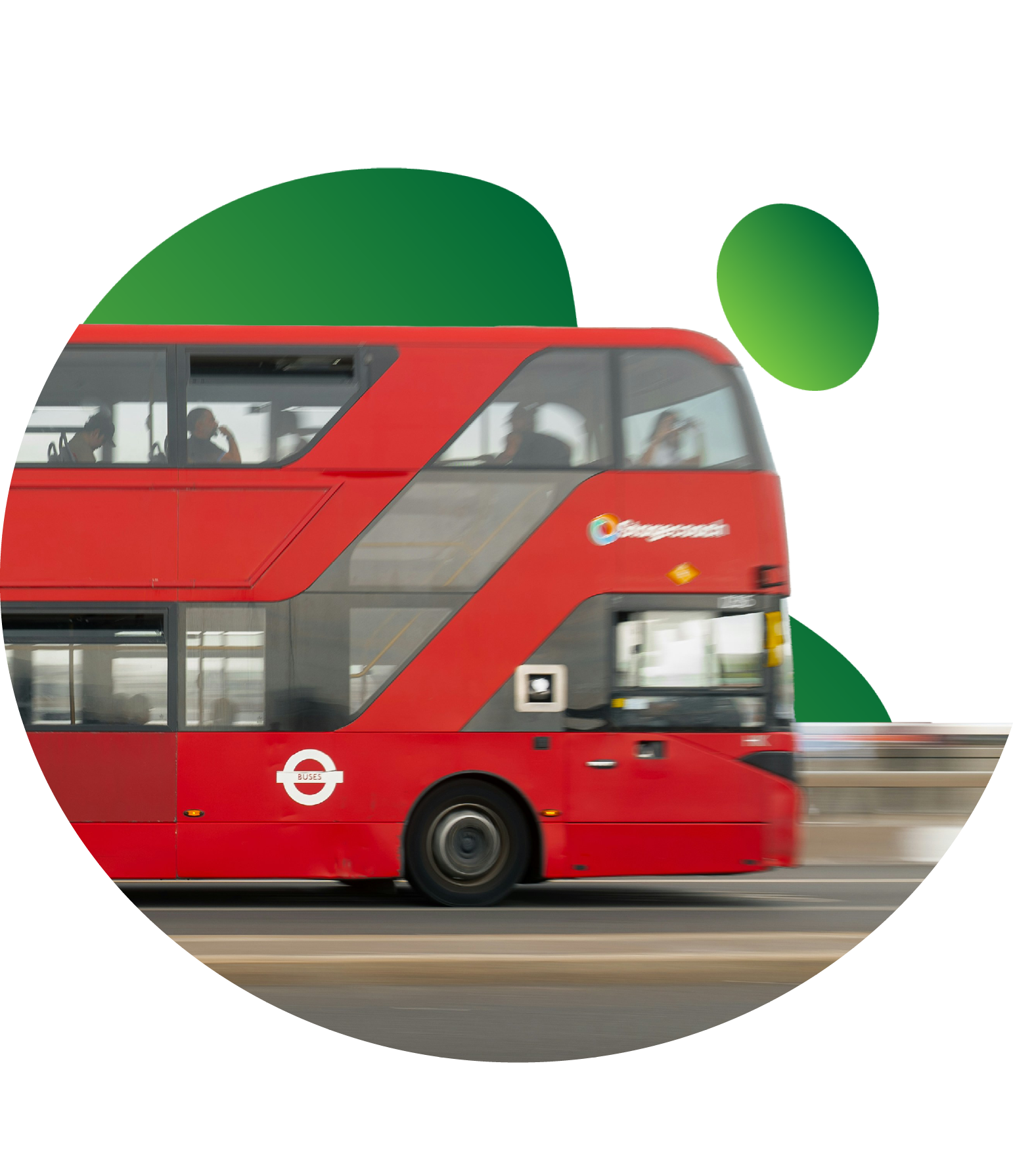 Red double‑decker bus in motion on a road, with passengers visible through the windows and Transport for London branding on the side, set against a white background with green abstract shapes.