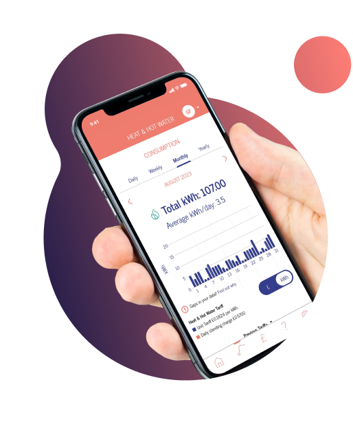 Smartphone held in one hand displaying KURVE's energy consumption screen with a bar chart and total kilowatt‑hour usage shown.