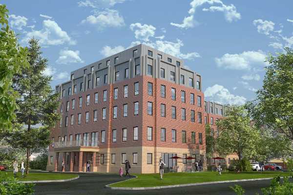 CGI of Benwell House, a modern residential apartment building in Sunbury-on-Thames, showing a multi-storey brick façade, landscaped green space and pedestrian walkways around the development.