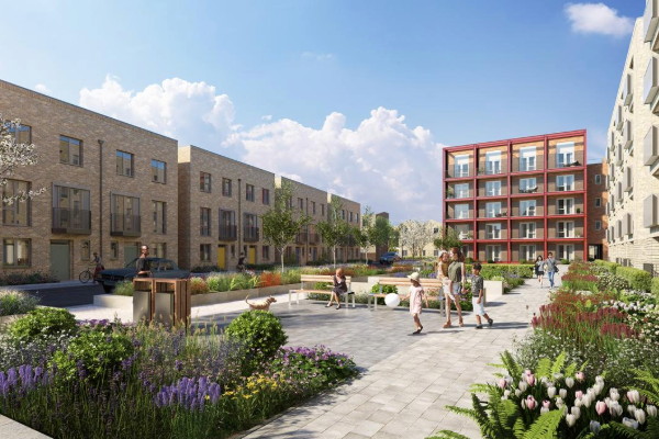 CGI of Ironworks in Cambridge showing landscaped communal gardens, pedestrian walkways and contemporary residential apartment buildings surrounding a central courtyard.