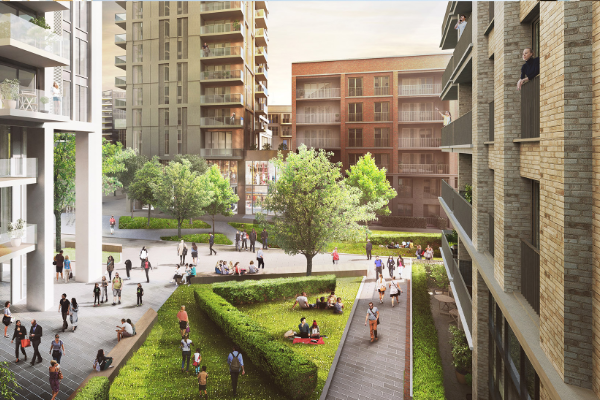 Computer‑generated image of the Silk District residential development, showing apartment buildings arranged around a landscaped communal courtyard with trees, lawns, paved walkways, and seating areas. People are visible walking through and sitting within the open space, with balconies overlooking the courtyard from surrounding buildings.