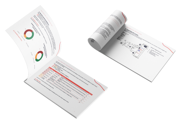 Heat network consultancy reports showing a metering survey on the left and a mechanical survey on the right.