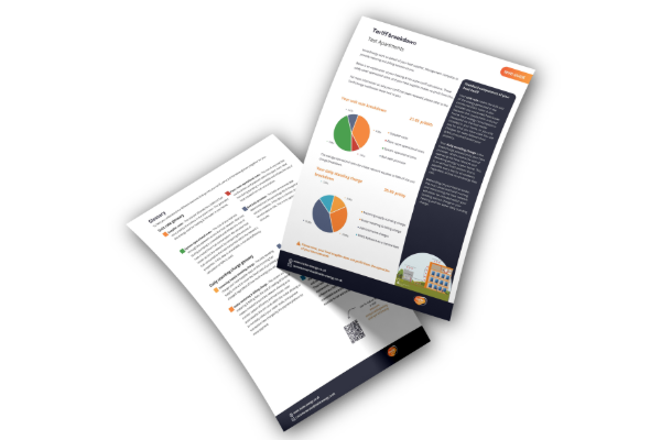 Heat network tariff breakdown example showing how heating and hot water charges are divided across costs, illustrated with pie charts and supporting text.