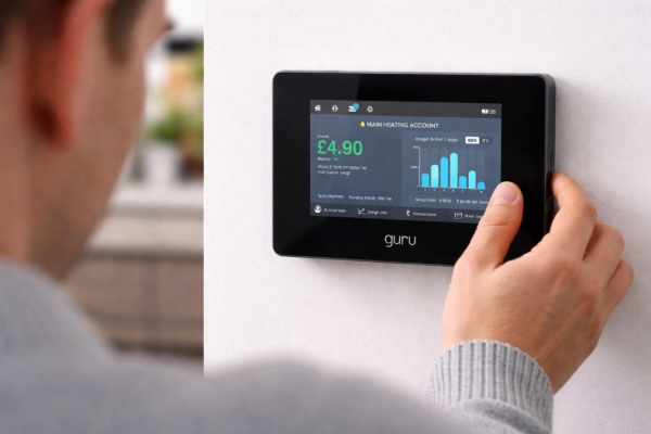 Resident viewing consumption data and account balance on a wall‑mounted in-home display.