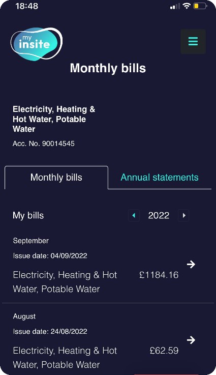 Monthly bills screen on ,my insite'